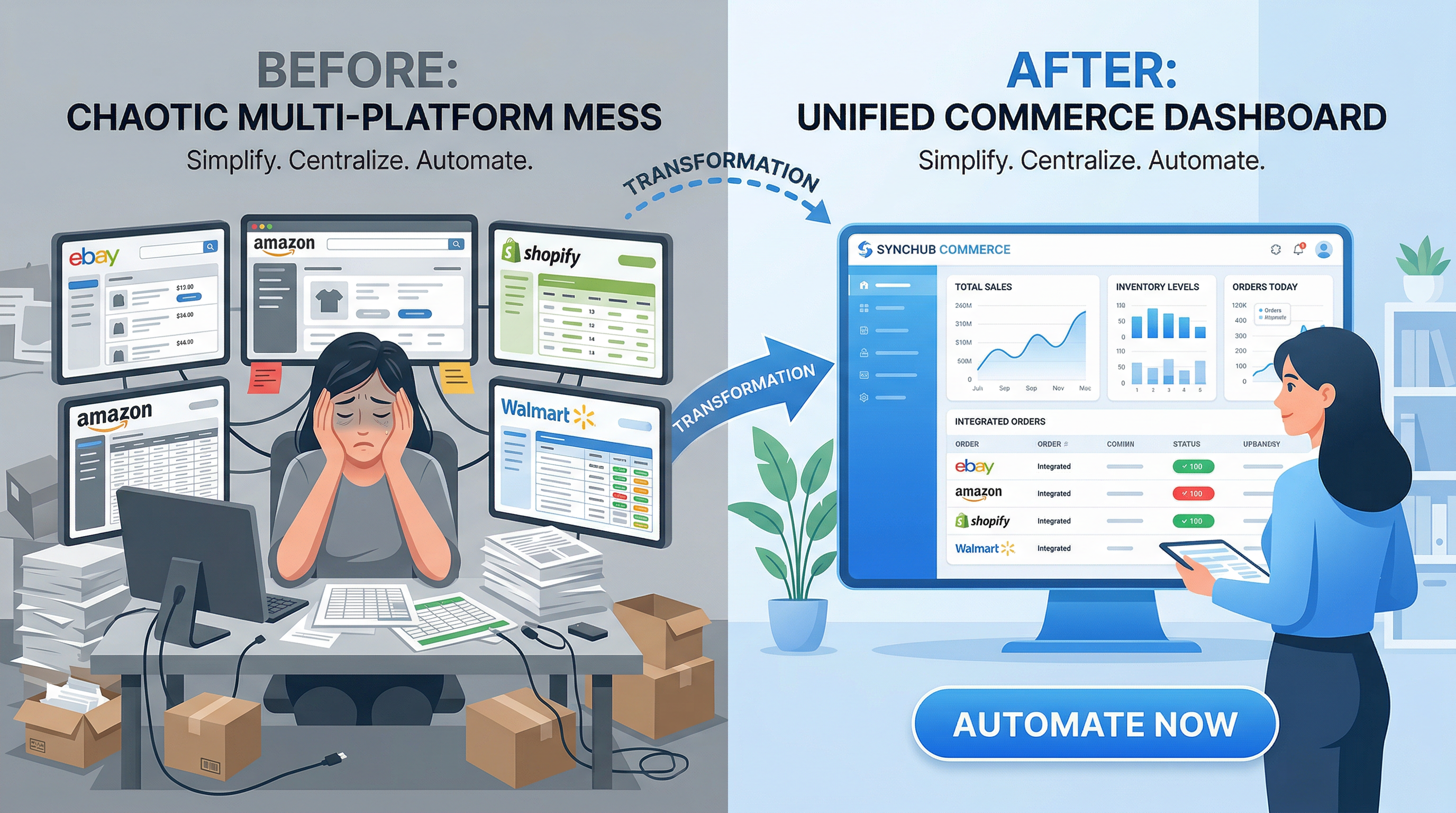 Before: chaotic multi-platform selling. After: unified commerce dashboard